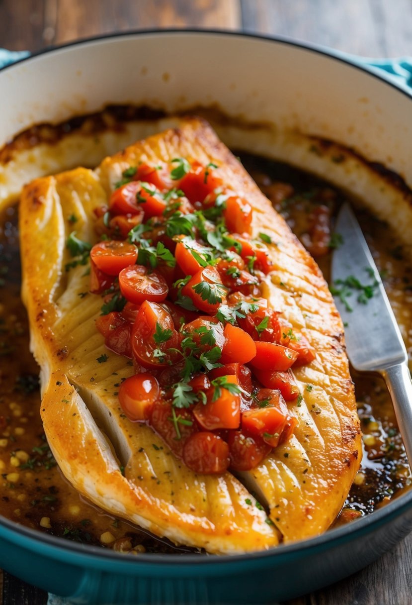 A golden-brown swordfish steak, topped with a savory tomato and herb sauce, sizzling in a rustic ceramic baking dish