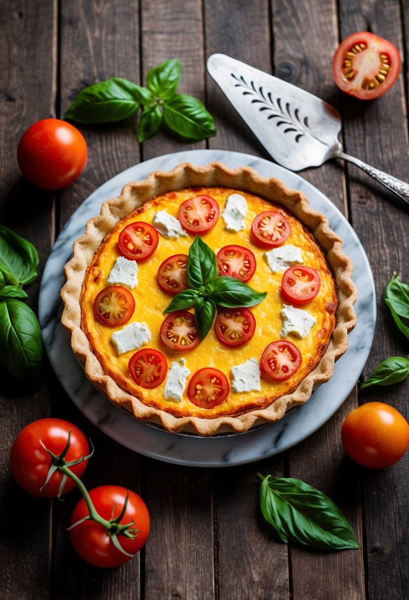 A rustic wooden table displays a golden-brown Goat Cheese and Tomato Quiche, surrounded by fresh tomatoes, basil leaves, and a vintage pie server