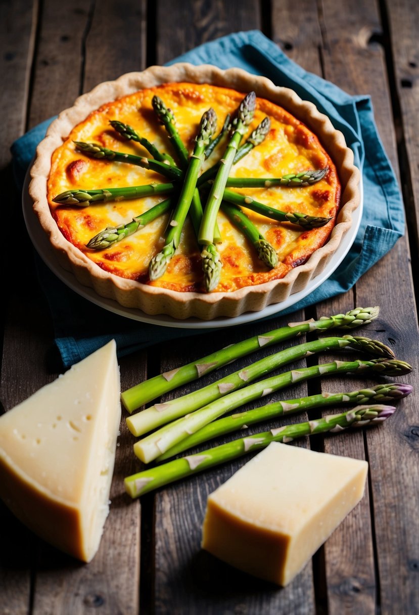 A rustic kitchen table set with a golden-brown Asparagus and Gruyère Quiche, surrounded by fresh asparagus spears and a wedge of Gruyère cheese