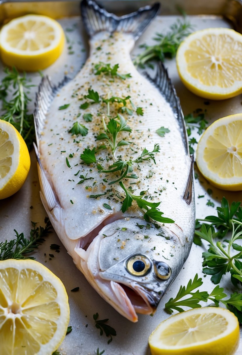 A whole lemon sole fish sprinkled with fresh herbs, surrounded by lemon slices, on a baking tray