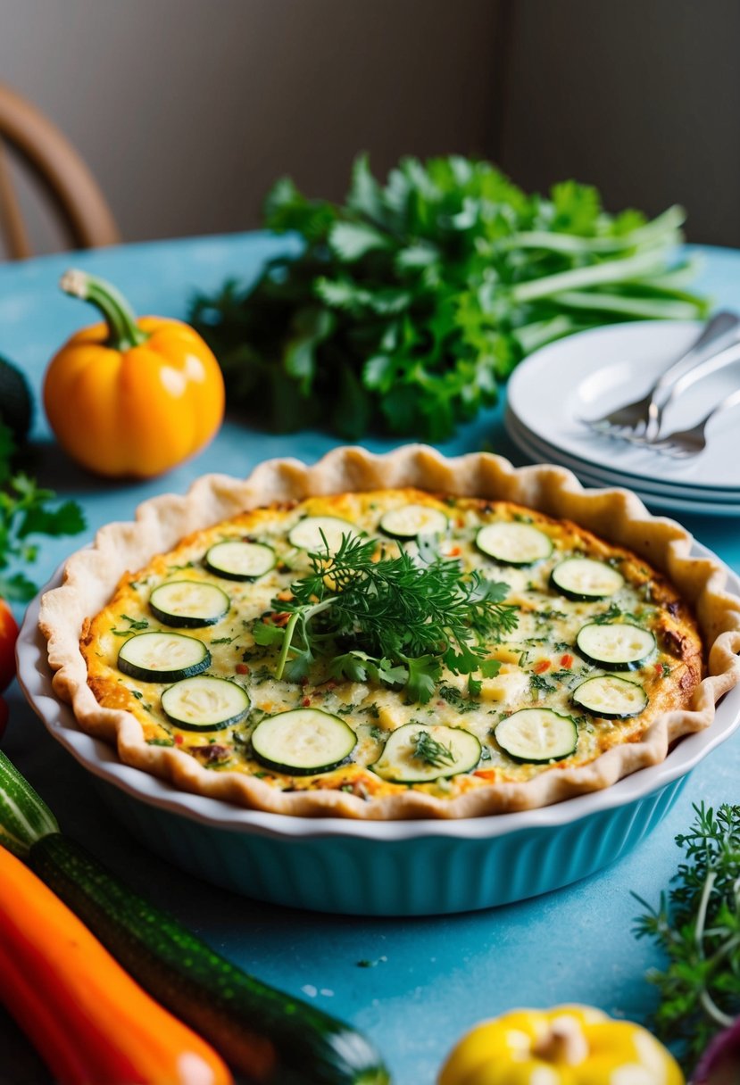 A table set with a freshly baked crustless quiche, filled with zucchini and other ingredients, surrounded by colorful vegetables and herbs