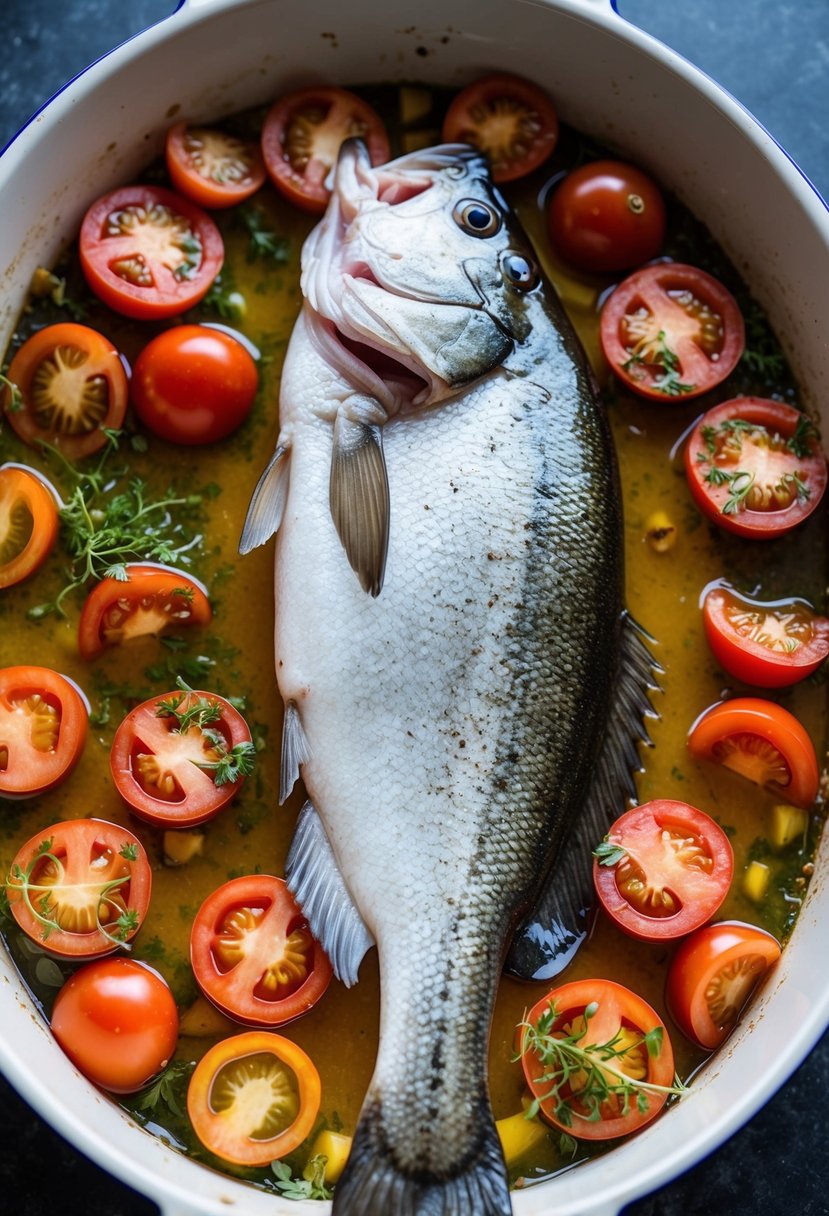 A whole bass fish surrounded by sliced tomatoes, herbs, and spices in a baking dish