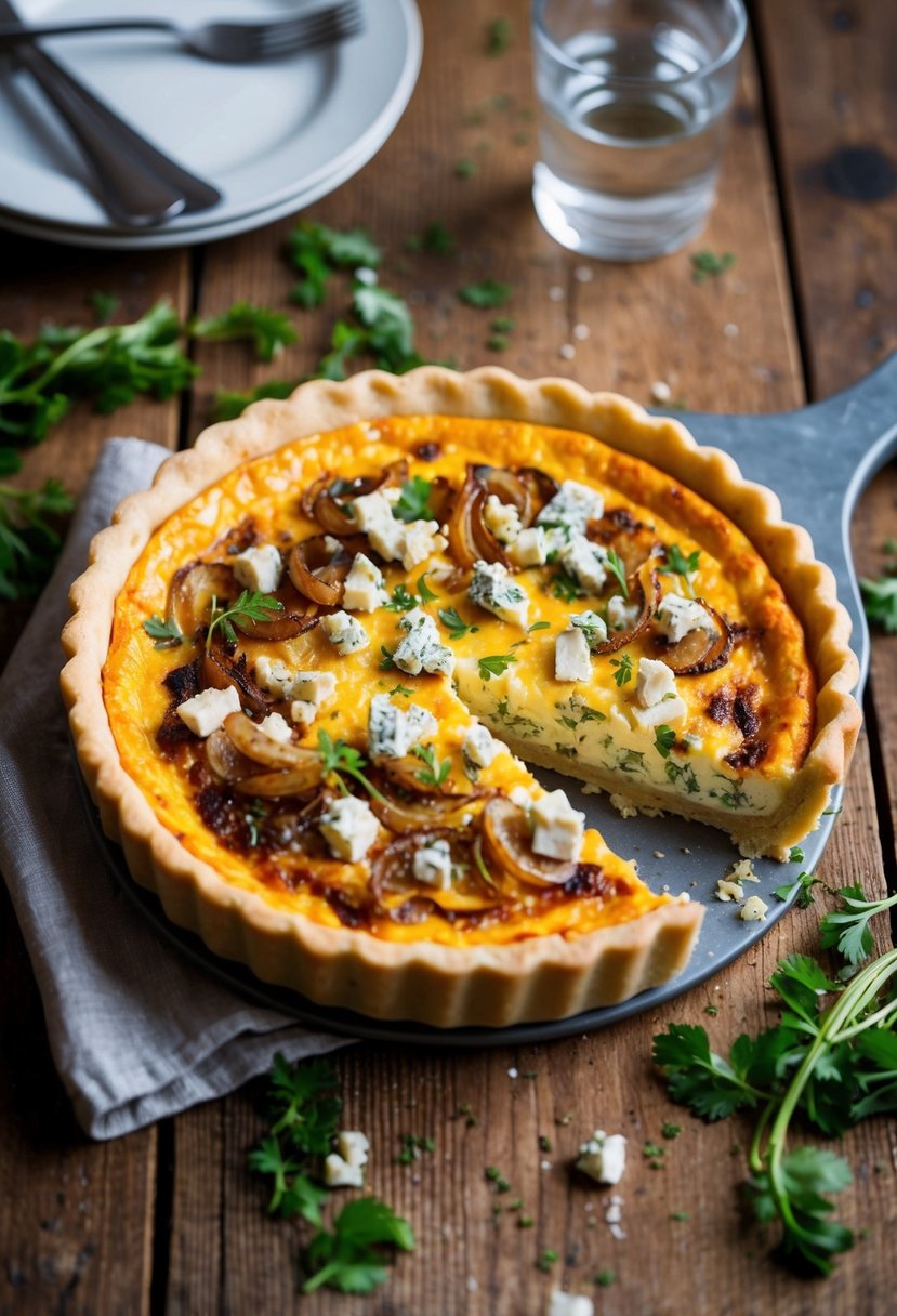 A golden-brown quiche sits on a rustic wooden table, filled with caramelized onions and crumbled blue cheese, surrounded by scattered fresh herbs