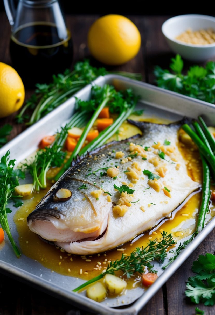 A fillet of sea bass marinated in ginger soy sauce, surrounded by fresh herbs and vegetables on a baking sheet