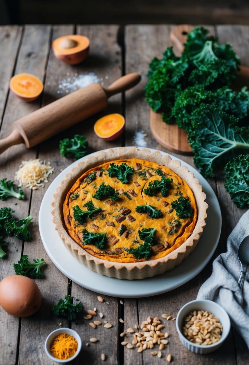 A rustic kitchen table with a freshly baked sweet potato and kale quiche, surrounded by scattered ingredients and a vintage rolling pin