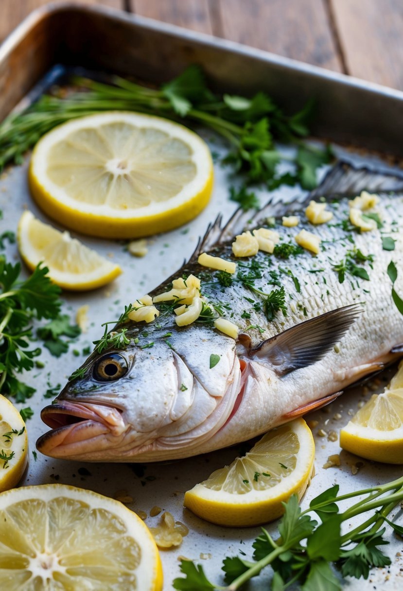 A whole red snapper fish covered in garlic and herbs, surrounded by lemon slices and fresh herbs, on a baking tray