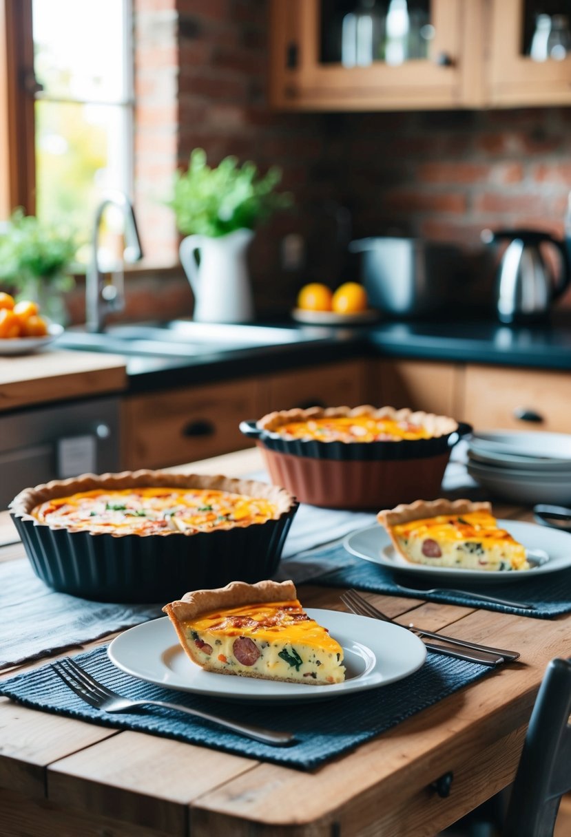 A rustic kitchen with a wooden table set for brunch, featuring a freshly baked Pepper Jack and Chorizo quiche as the centerpiece