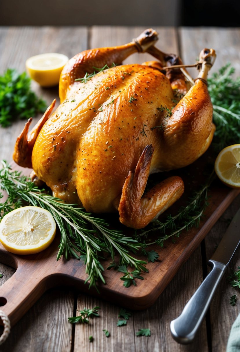 A golden-brown roast chicken sits on a rustic wooden cutting board, surrounded by fresh herbs and lemon slices