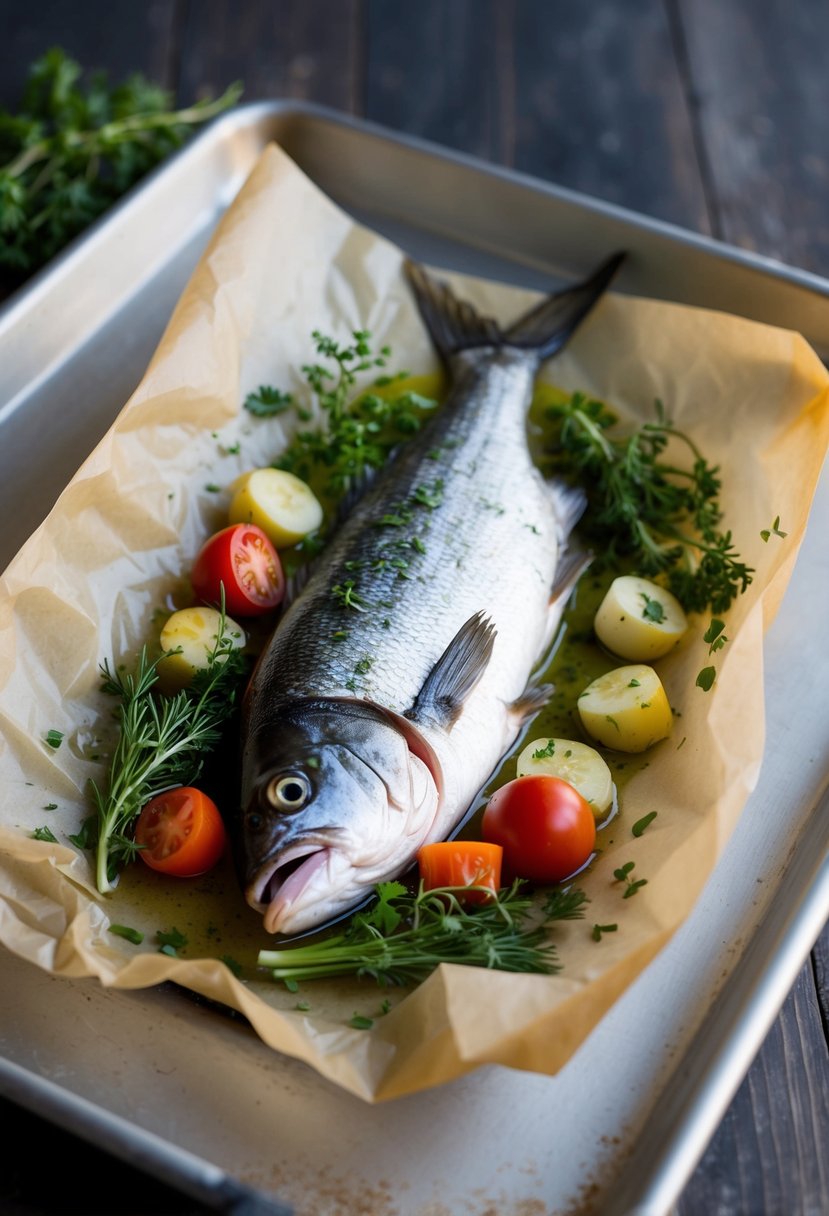 A whole fish with herbs and vegetables wrapped in parchment paper, sitting on a baking sheet