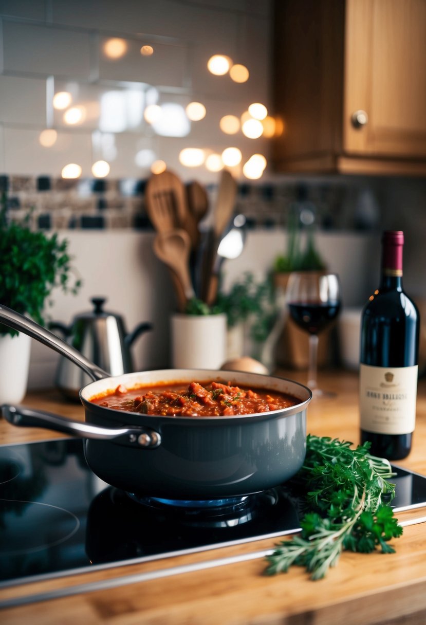 A cozy kitchen with simmering pot of Bolognese sauce, fresh herbs, and a bottle of red wine on the counter