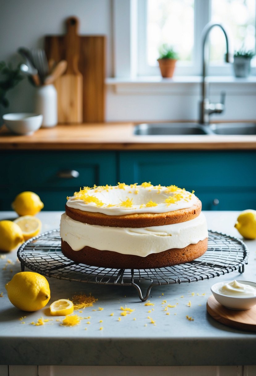 A rustic kitchen counter with a freshly baked lemon yogurt cake cooling on a wire rack, surrounded by scattered lemon zest and a dollop of creamy yogurt