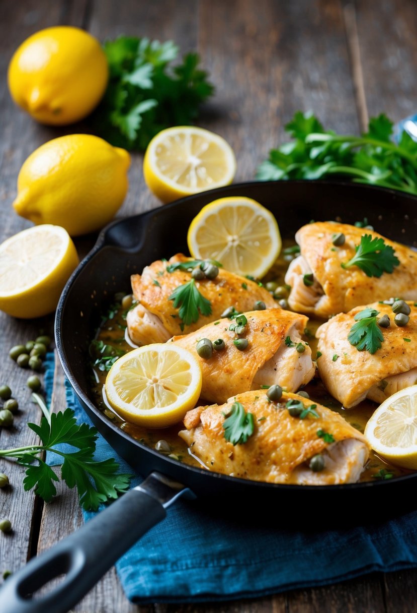 A sizzling skillet of Chicken Piccata surrounded by fresh lemons, capers, and parsley on a rustic wooden table