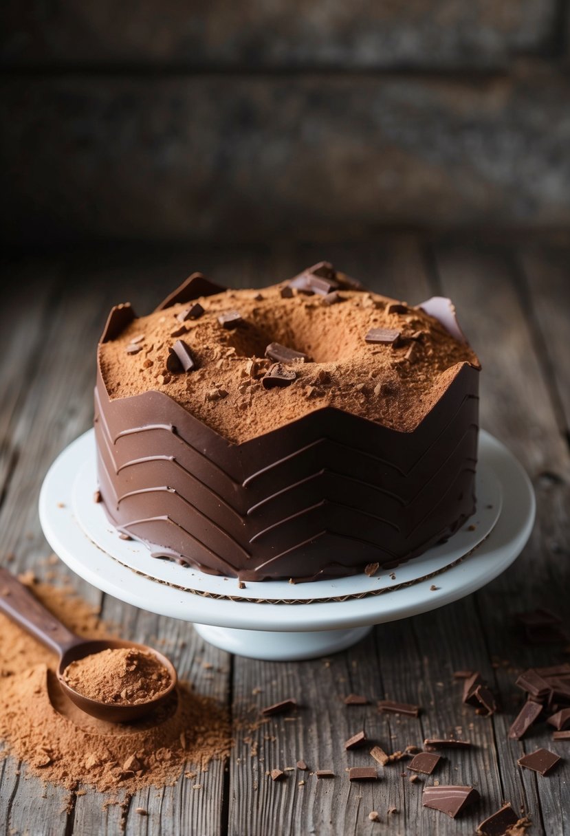 A chocolate chevron cake sits on a rustic wooden table, surrounded by scattered cocoa powder and chocolate shavings