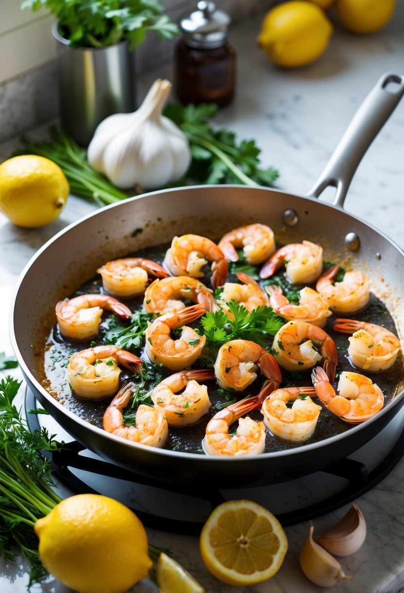 A kitchen counter with a sizzling skillet of shrimp scampi, surrounded by fresh herbs, lemons, and garlic cloves