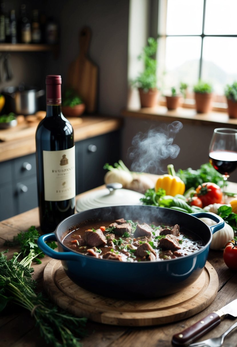 A rustic kitchen with a bubbling pot of Beef Bourguignon, surrounded by fresh herbs, vegetables, and a bottle of red wine