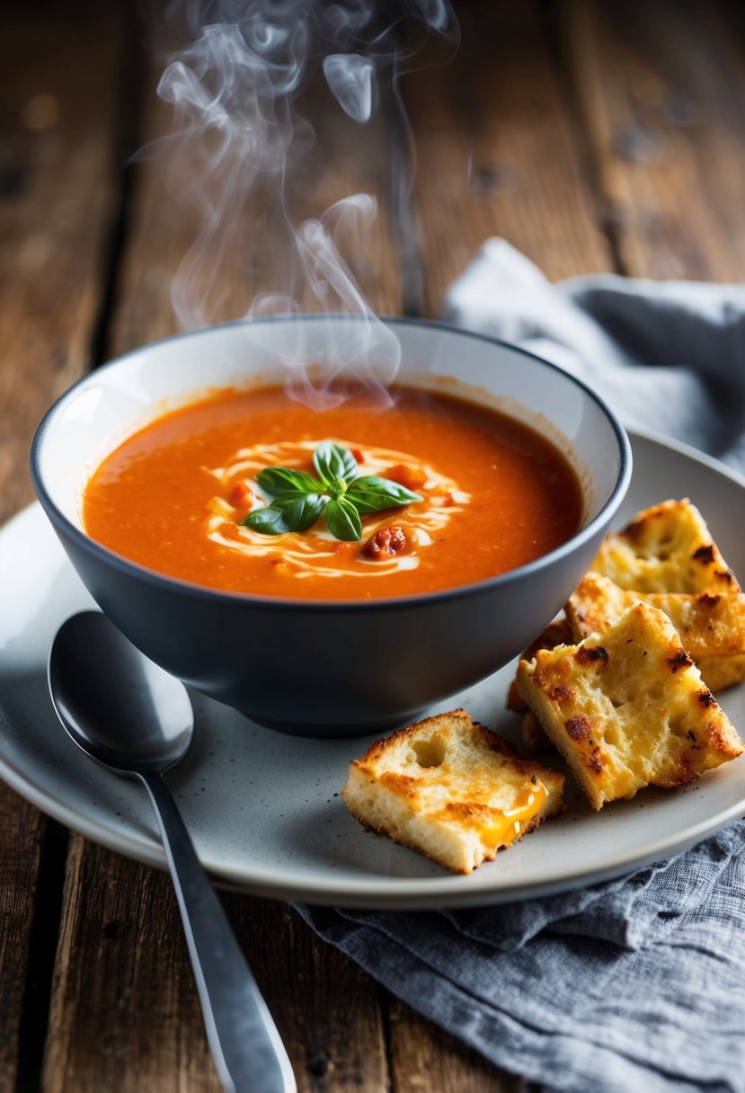 A steaming bowl of tomato soup sits next to crispy grilled cheese croutons on a rustic wooden table. A spoon rests on a linen napkin