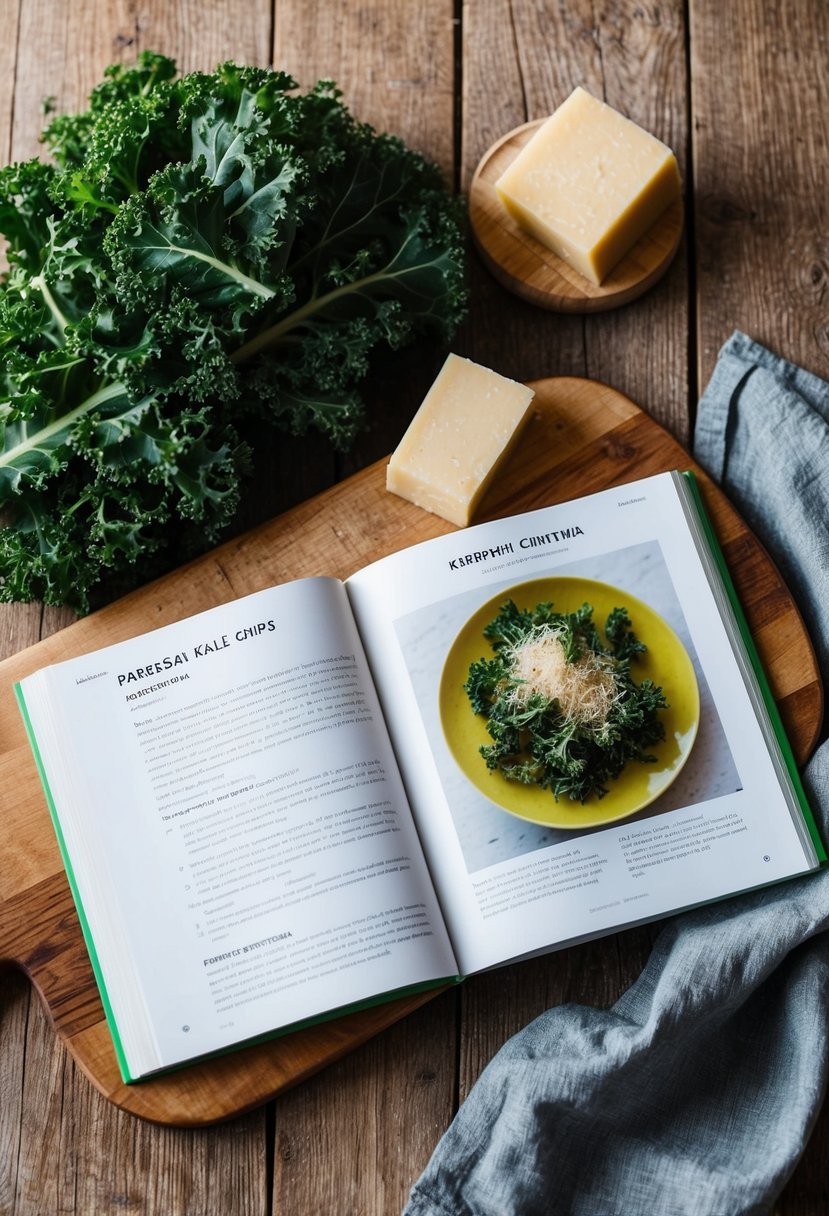 A rustic kitchen with a wooden cutting board, a bunch of kale, a block of parmesan cheese, and a recipe book open to a page with "Parmesan Kale Chips" from Barefoot Contessa