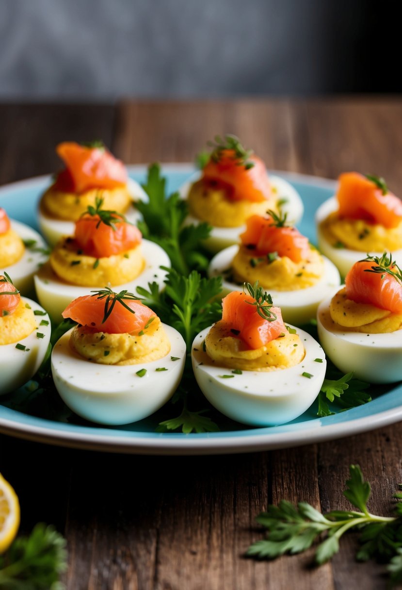 A platter of deviled eggs topped with smoked salmon and garnished with fresh herbs