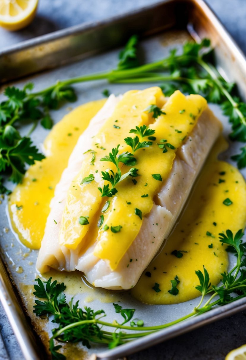 A flaky cod fillet is coated in a golden lemon butter sauce, surrounded by vibrant herbs and placed on a baking tray