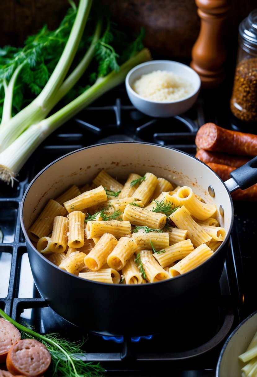 A rustic kitchen scene with a pot of rigatoni pasta simmering on the stove, surrounded by fresh fennel, spicy sausage, and other ingredients