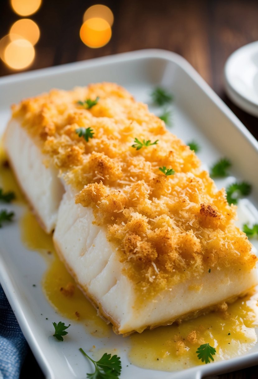 A golden-brown cod fillet, topped with a crispy layer of Parmesan crust, fresh from the oven