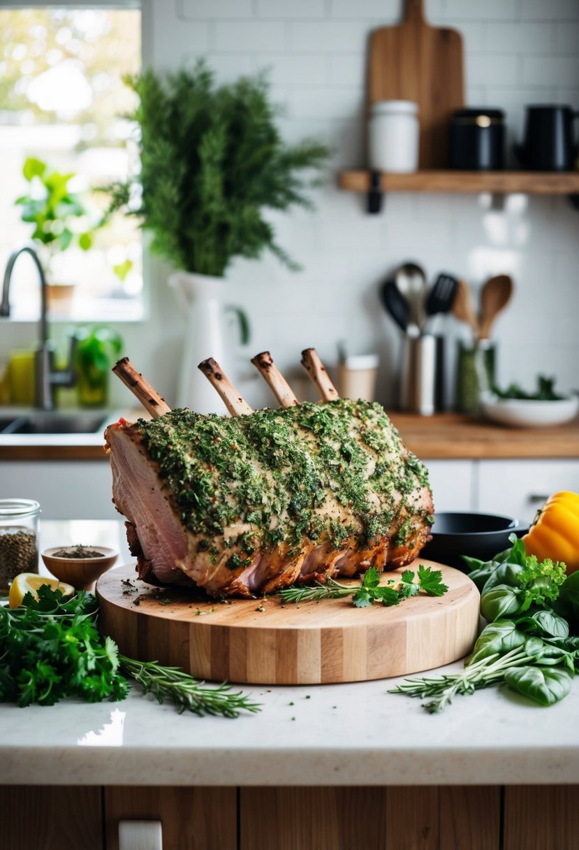 A kitchen counter with a herb-crusted rack of lamb, surrounded by fresh herbs, spices, and cooking utensils