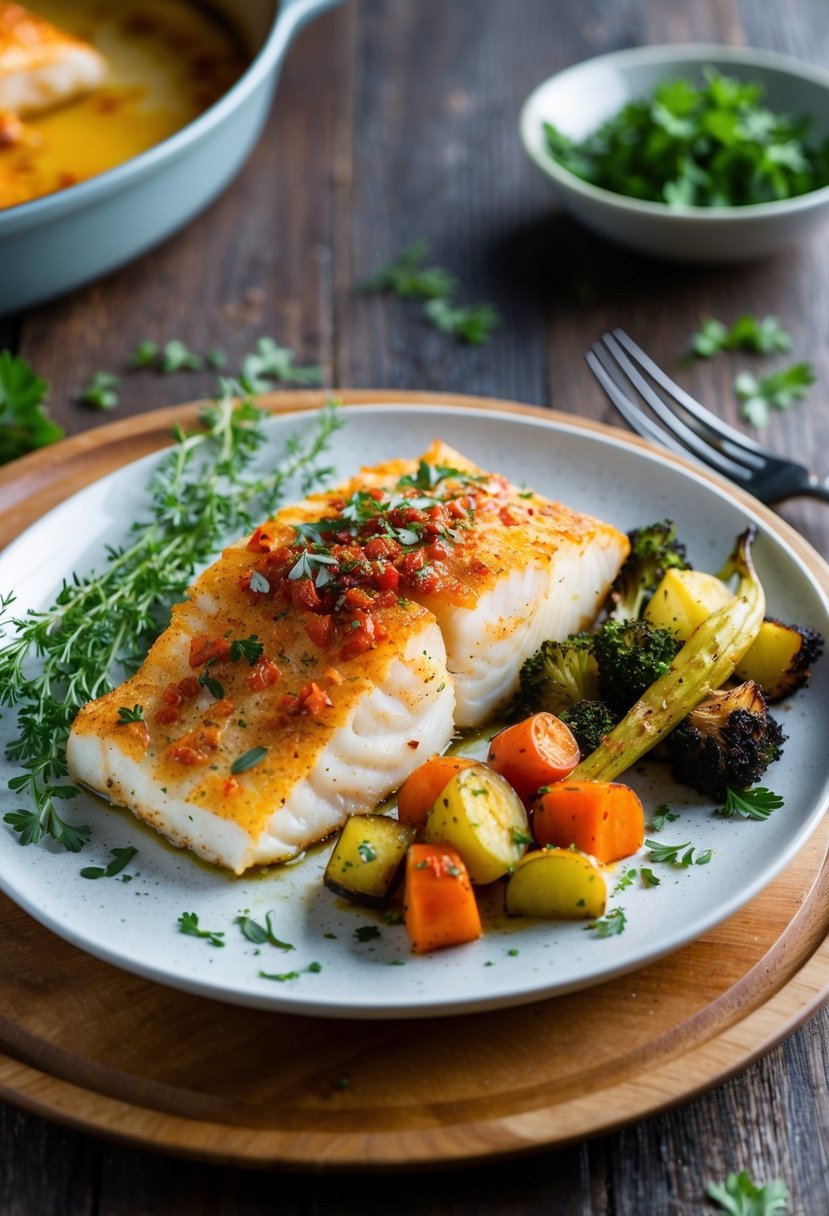 A platter of Cajun-spiced baked cod with a side of roasted vegetables and a sprinkle of fresh herbs