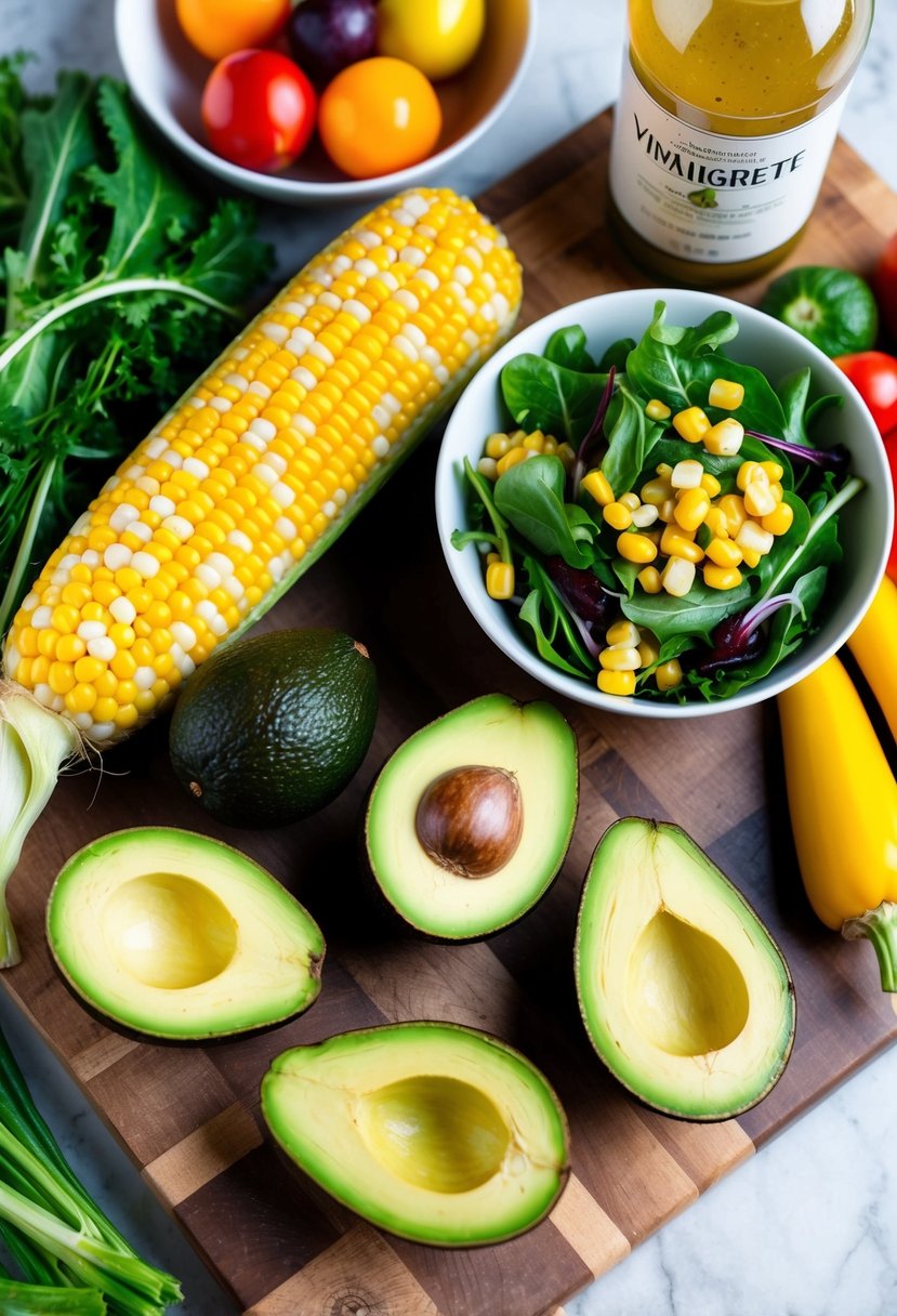 A wooden cutting board with ripe avocados, fresh corn, and a bowl of mixed greens, surrounded by colorful vegetables and a bottle of vinaigrette