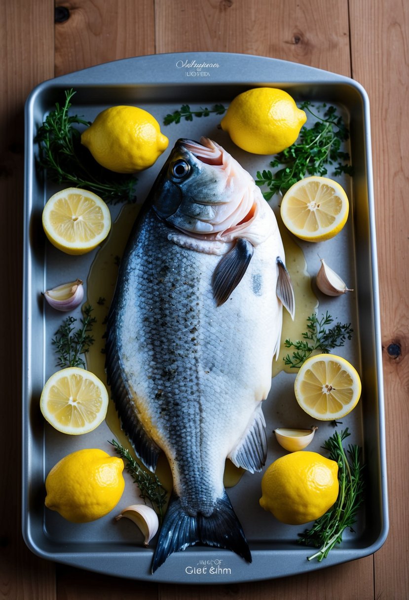 A fresh, whole cod fish surrounded by lemons, garlic cloves, and herbs on a baking tray