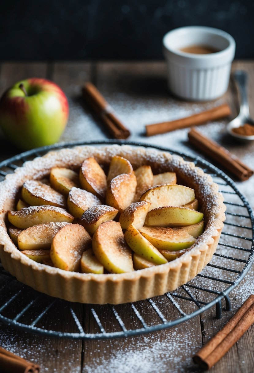 A rustic French apple tart cooling on a wire rack, surrounded by scattered cinnamon sticks and a dusting of powdered sugar