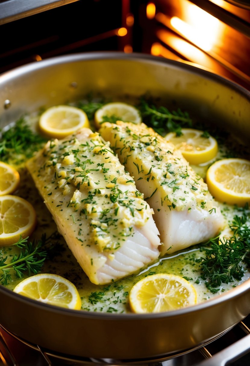 A plump cod fillet covered in zesty herb butter, surrounded by fresh herbs and lemon slices, baking in a golden oven