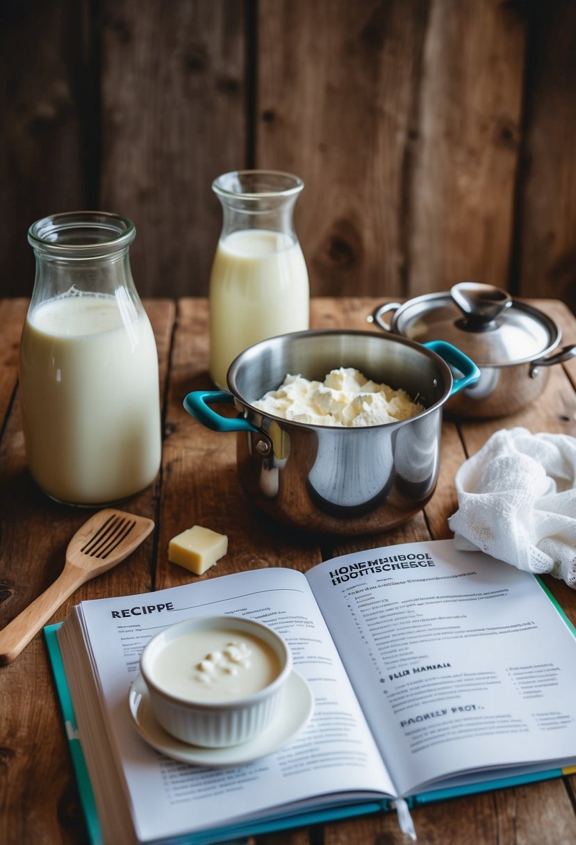 A rustic kitchen with a wooden table, fresh milk, a pot, and a cheesecloth for straining, with a recipe book open to the Homemade Ricotta Cheese recipe