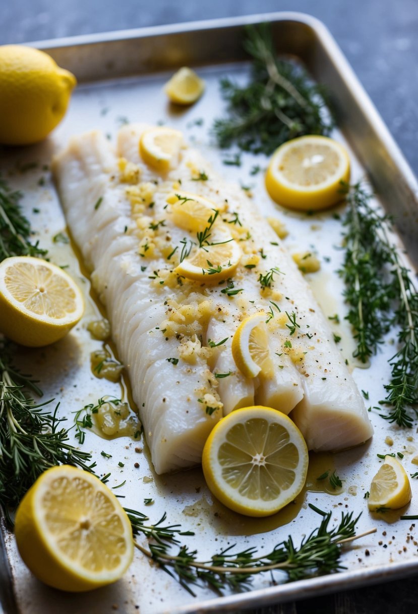 A fresh cod fillet drizzled with garlic and lemon, surrounded by herbs and spices, on a baking sheet ready to be cooked