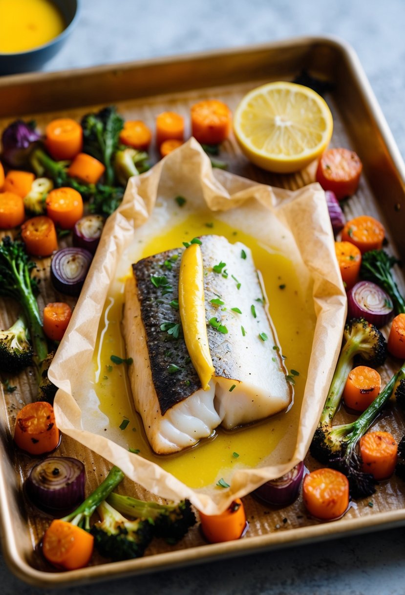 A parchment-wrapped cod fillet surrounded by colorful roasted vegetables on a baking sheet