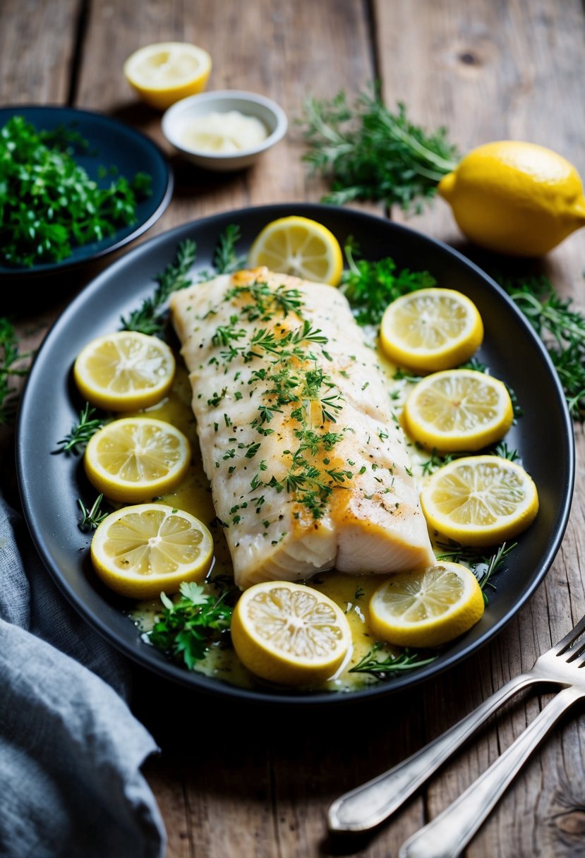 A platter of Italian herb baked cod surrounded by fresh herbs and lemon slices on a rustic wooden table