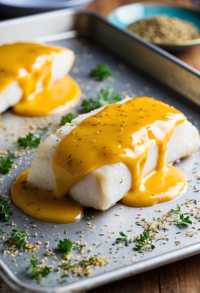 A piece of cod fillet coated in honey mustard sauce, placed on a baking sheet with some herbs and spices sprinkled around it, ready to be baked in the oven