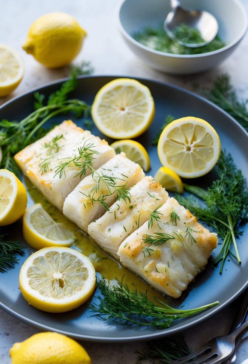 A platter of lemon dill baked cod surrounded by fresh herbs and slices of lemon