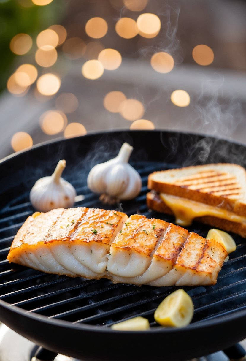 A sizzling cod fillet sizzling on a hot grill, surrounded by garlic cloves and a gooey grilled cheese sandwich