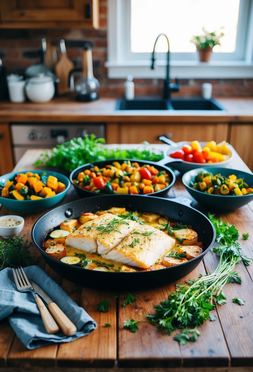 A rustic kitchen with a wooden table set for dinner, featuring a one-pan Mediterranean baked cod surrounded by colorful roasted vegetables and fresh herbs