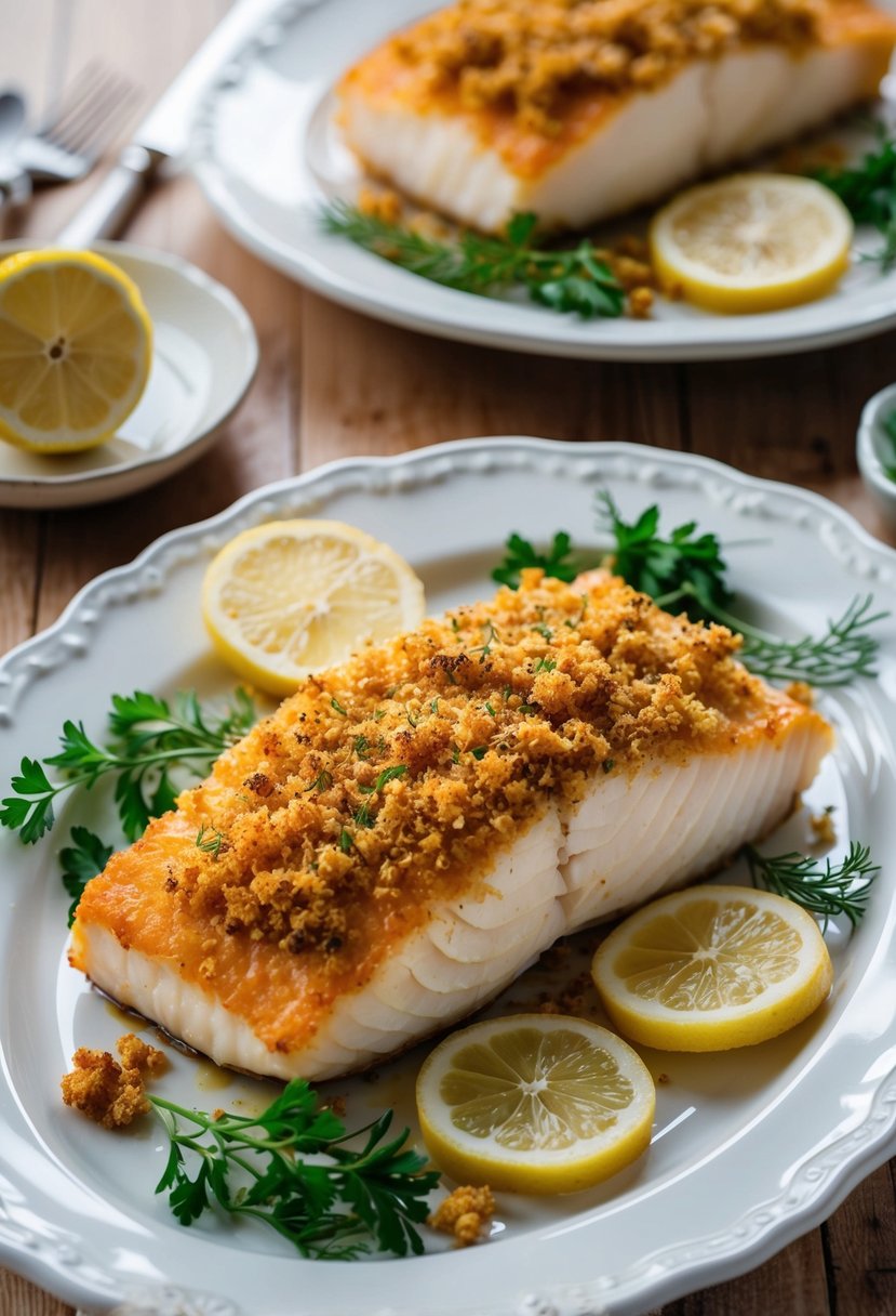 A golden-brown baked cod fillet topped with a crispy mustard crumb coating, surrounded by fresh herbs and lemon slices on a white porcelain plate