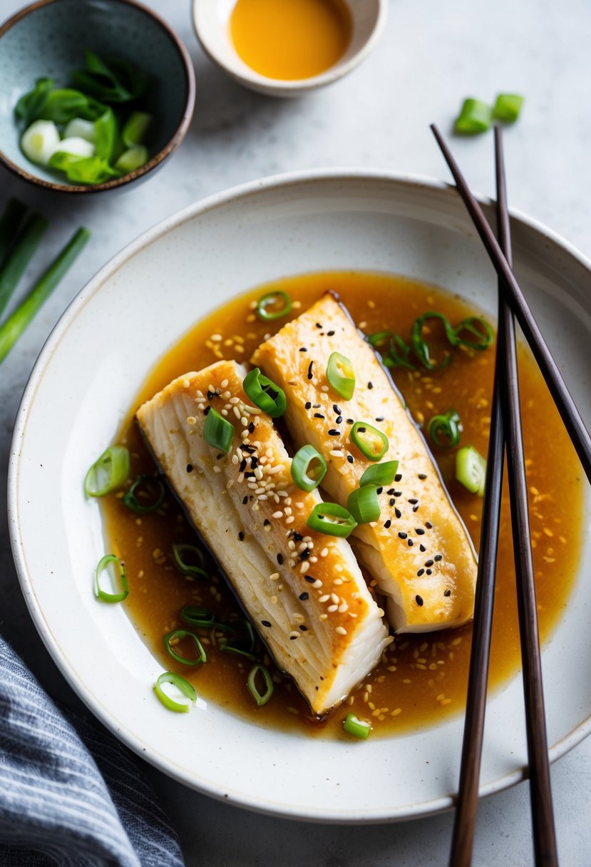 A plate of Asian Ginger Soy Baked Cod, garnished with sesame seeds and green onions, sits on a white ceramic dish next to a pair of chopsticks