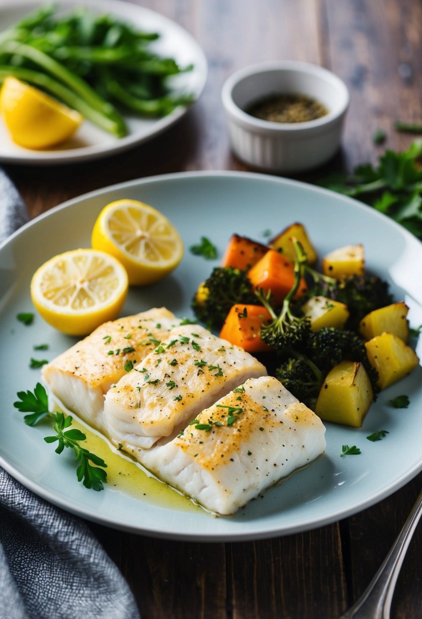 A plate of lemon pepper baked cod with a side of roasted vegetables and a sprinkle of fresh herbs